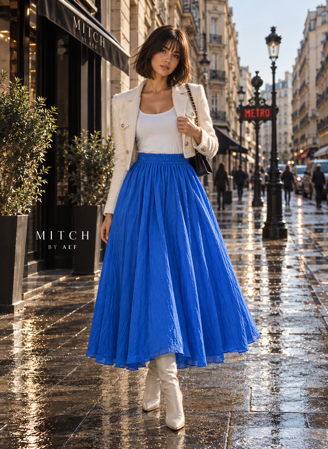 Jupe longue fluide femme taille élastique chic bleu roi électrique - MITCH by AEF, mode Paris