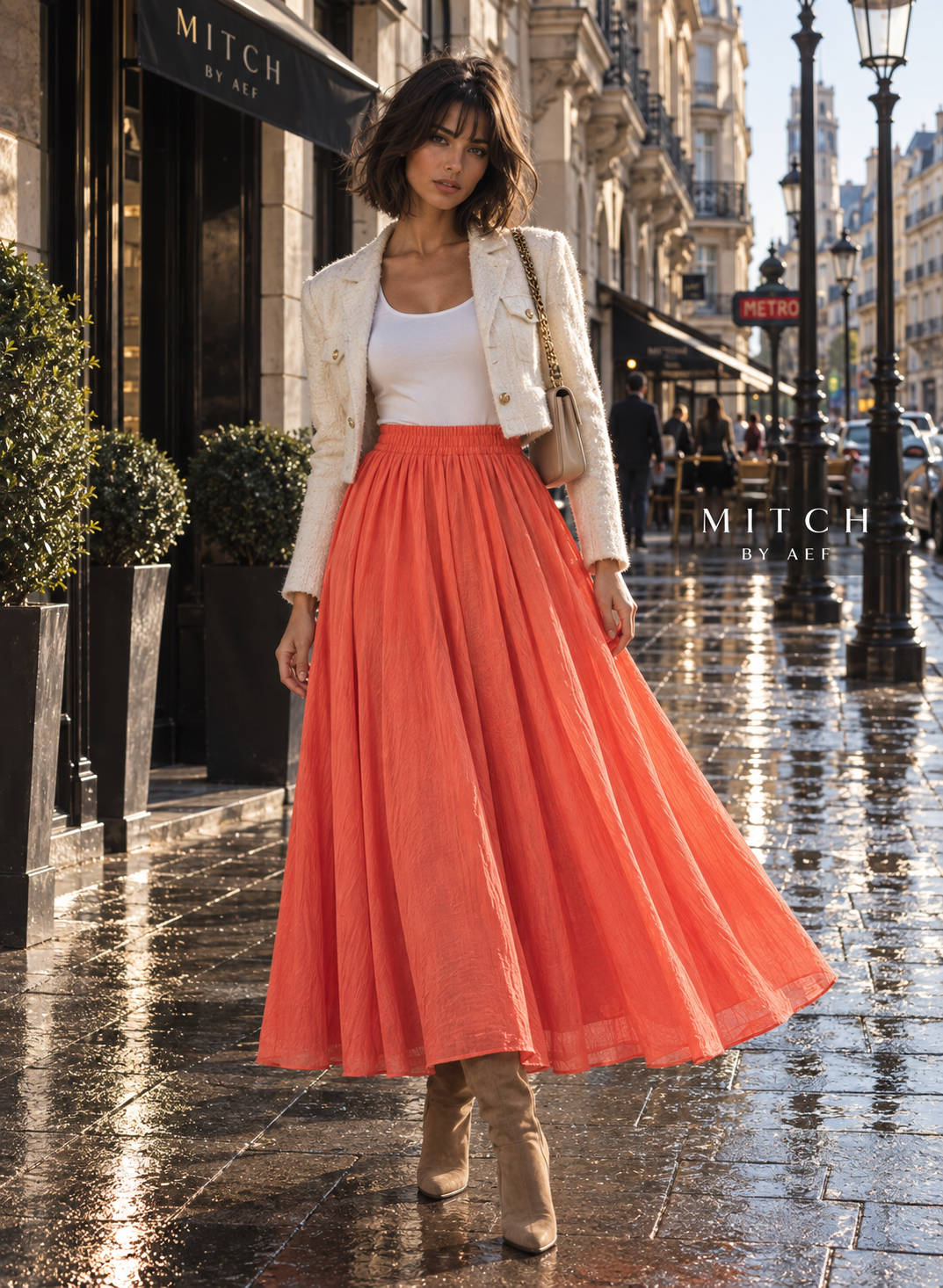 Jupe longue fluide femme taille élastique chic corail lumineux - MITCH by AEF, mode Paris