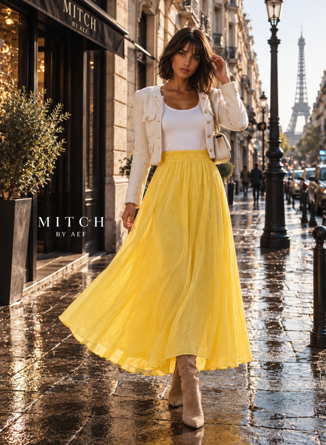 Jupe longue fluide femme taille élastique chic jaune soleil vif - MITCH by AEF, mode Paris