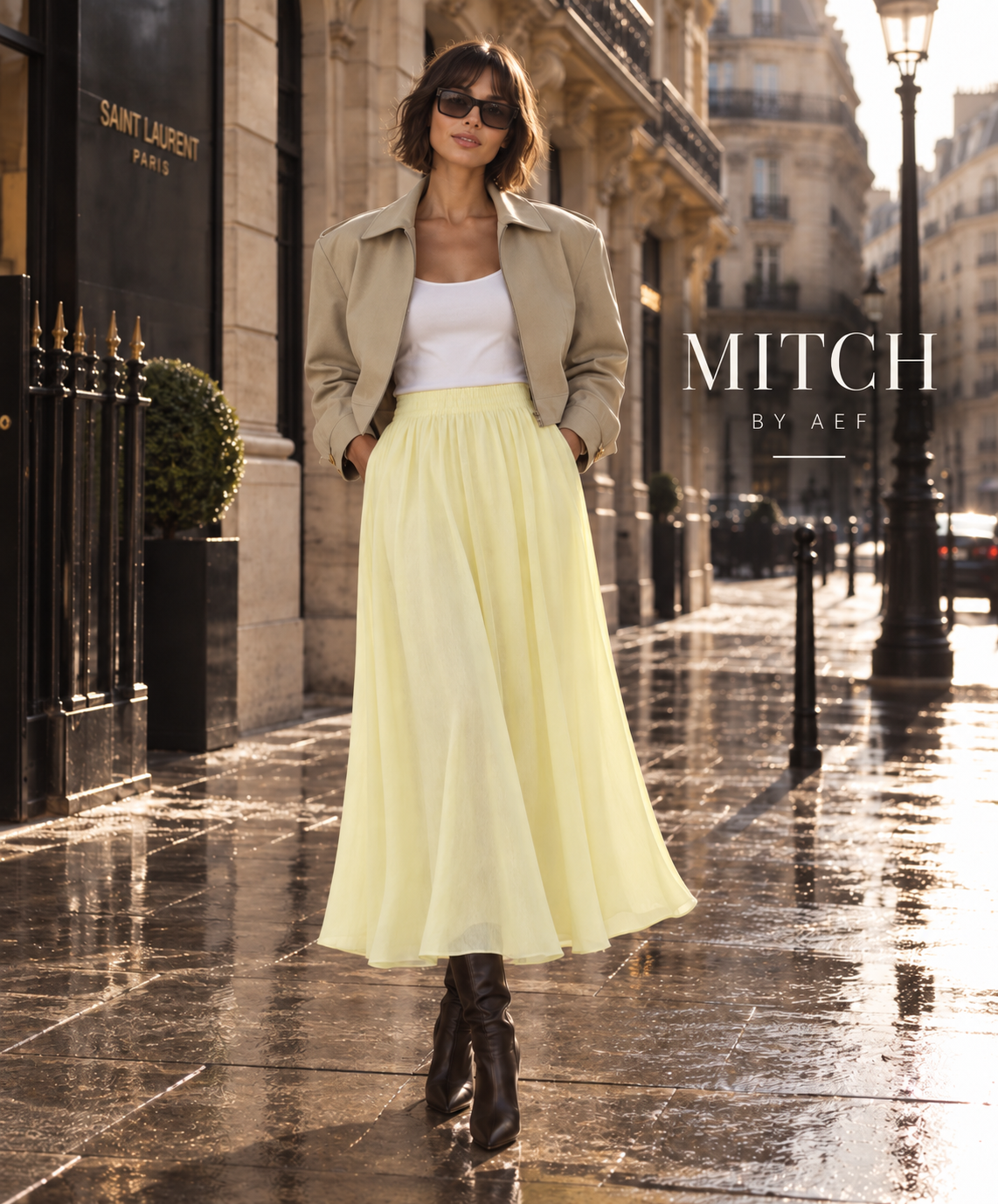 Jupe longue fluide femme taille élastique chic jaune vanille clair - MITCH by AEF, mode Paris
