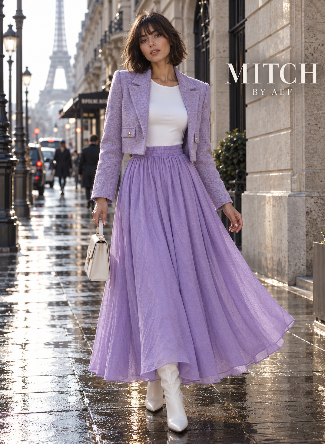 Jupe longue fluide femme taille élastique chic lilas pastel - MITCH by AEF, mode Paris