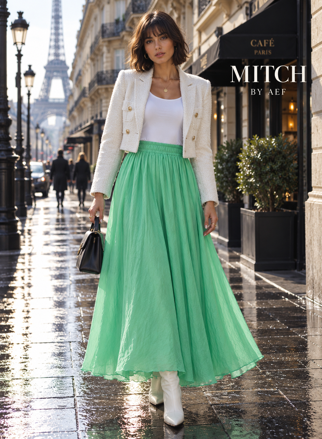 Jupe longue fluide femme taille élastique chic menthe verte fraîche - MITCH by AEF, mode Paris