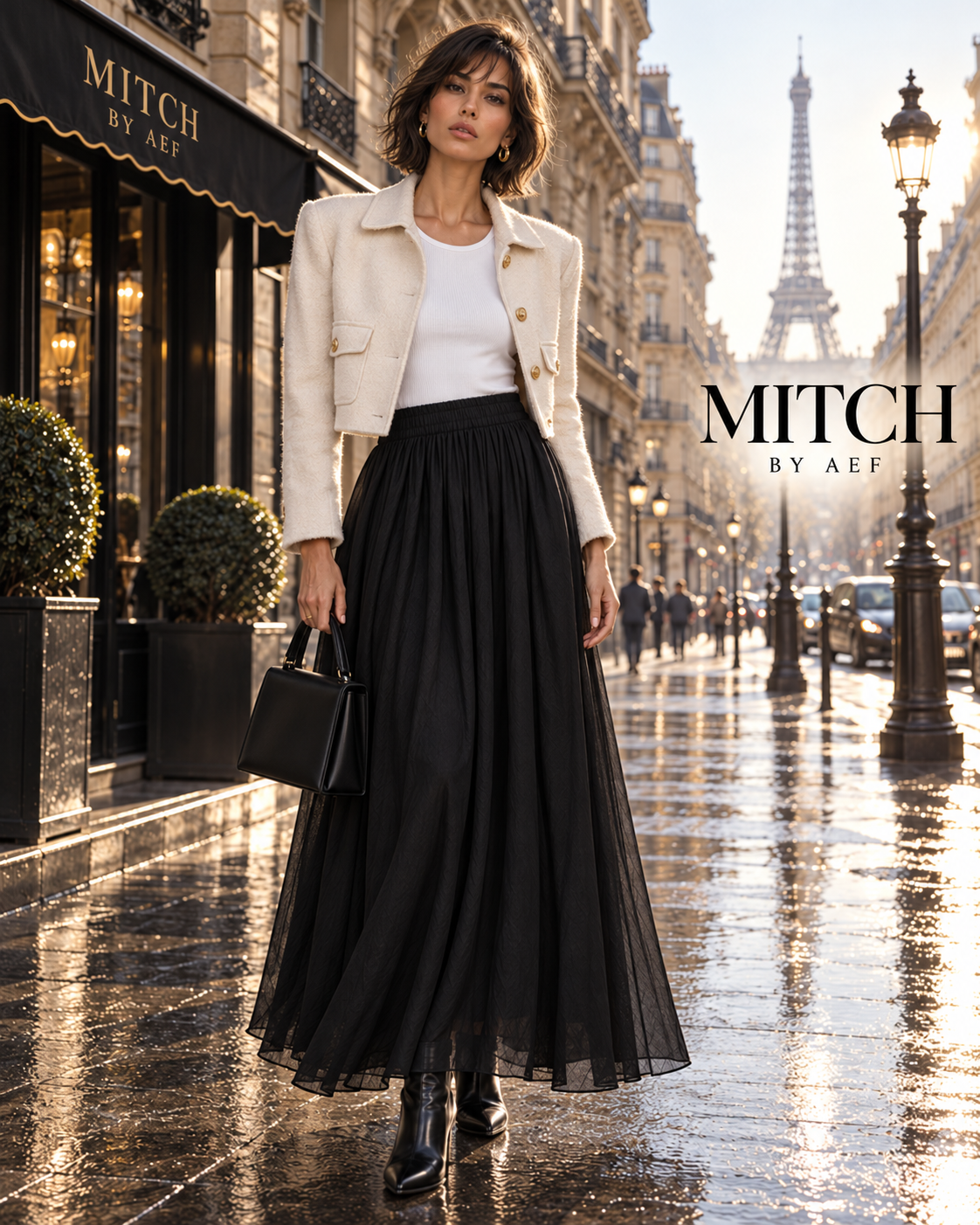 Jupe longue fluide femme taille élastique chic noir profond - MITCH by AEF, mode Paris