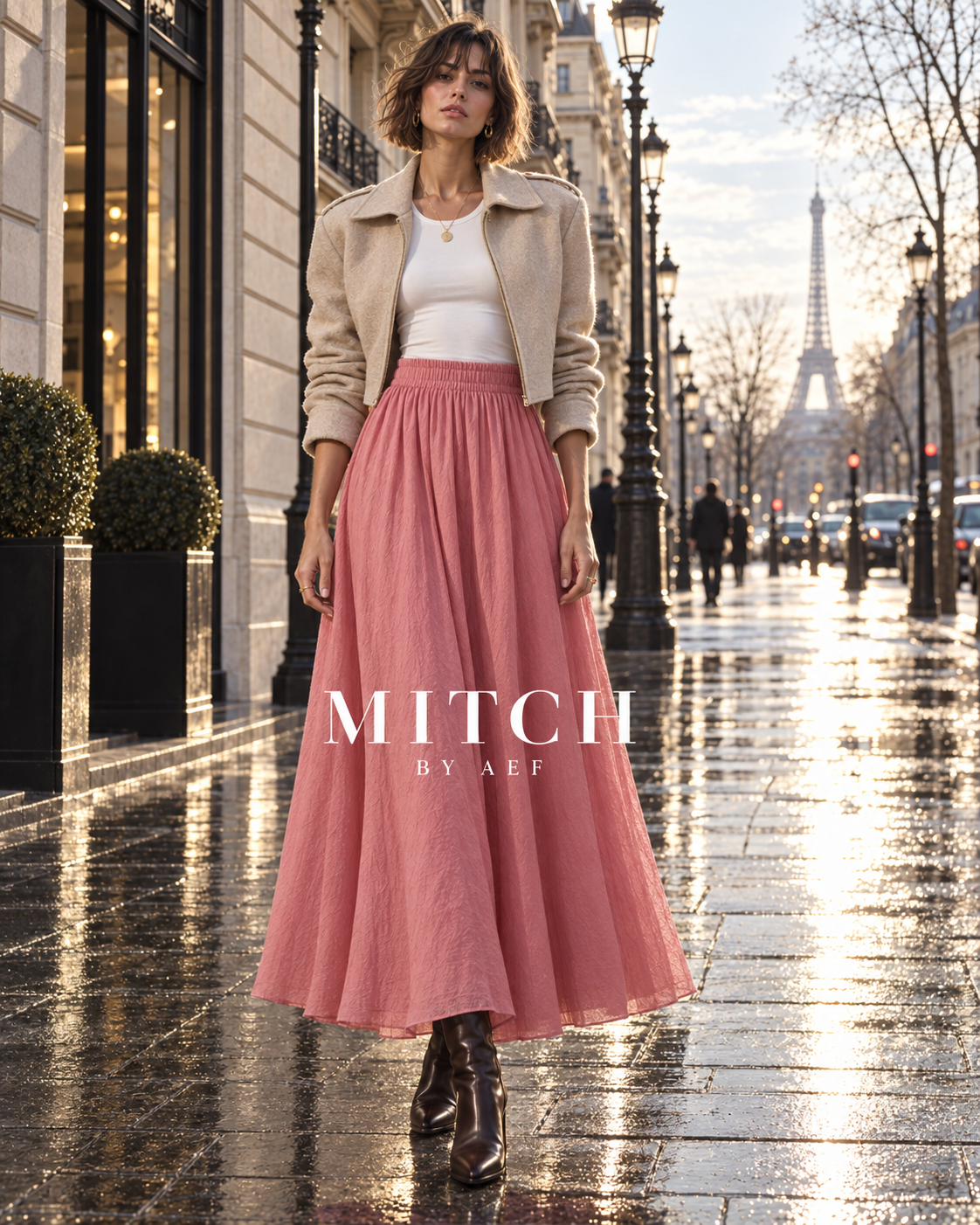 Jupe longue fluide femme taille élastique chic rose poudré doux - MITCH by AEF, mode Paris