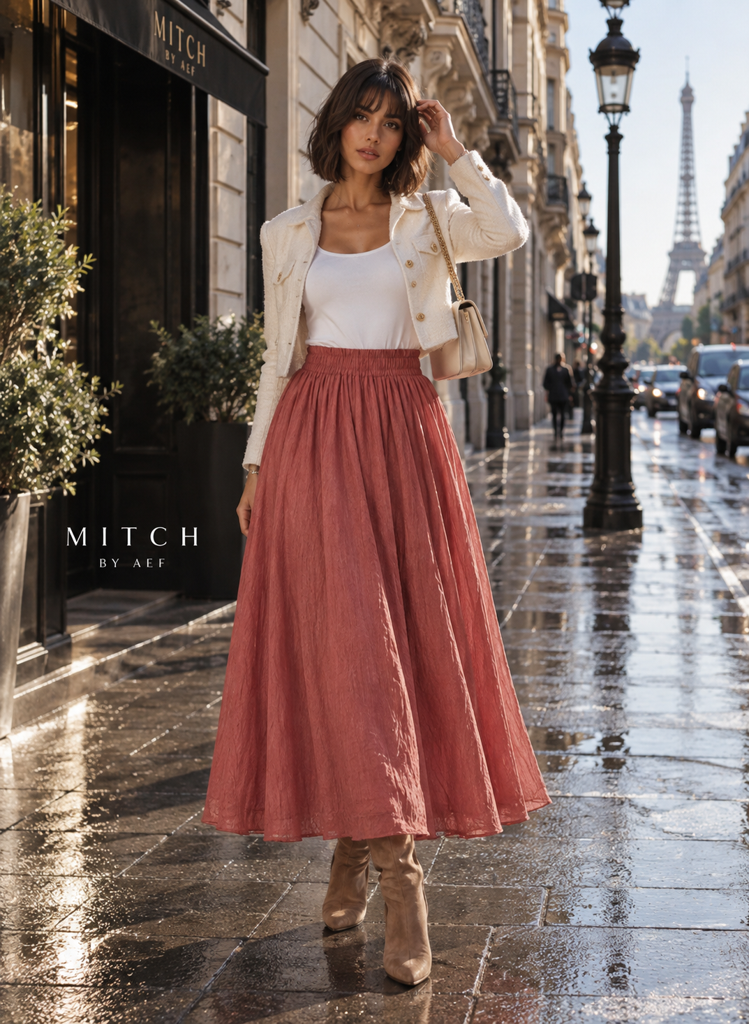 Jupe longue fluide femme taille élastique chic terre cuite rose - MITCH by AEF, mode Paris