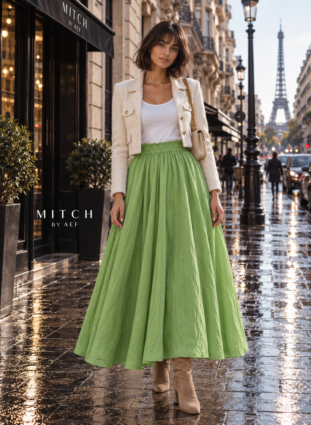 Jupe longue fluide femme taille élastique chic vert anis clair - MITCH by AEF, mode Paris