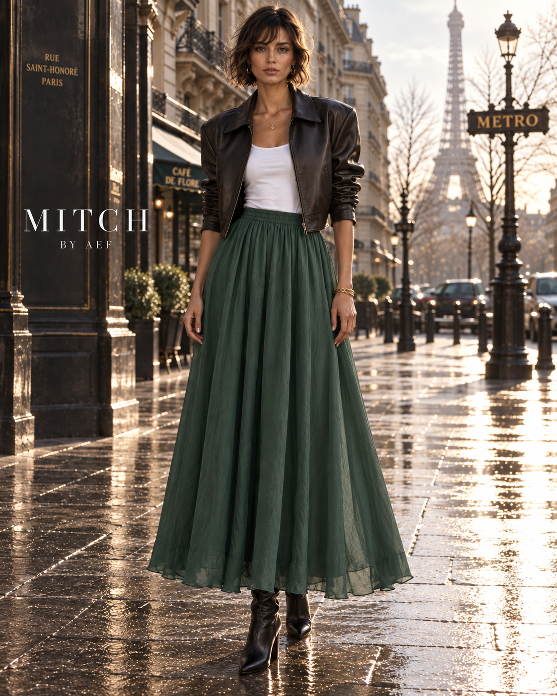 Jupe longue fluide femme taille élastique chic vert forêt profond - MITCH by AEF, mode Paris