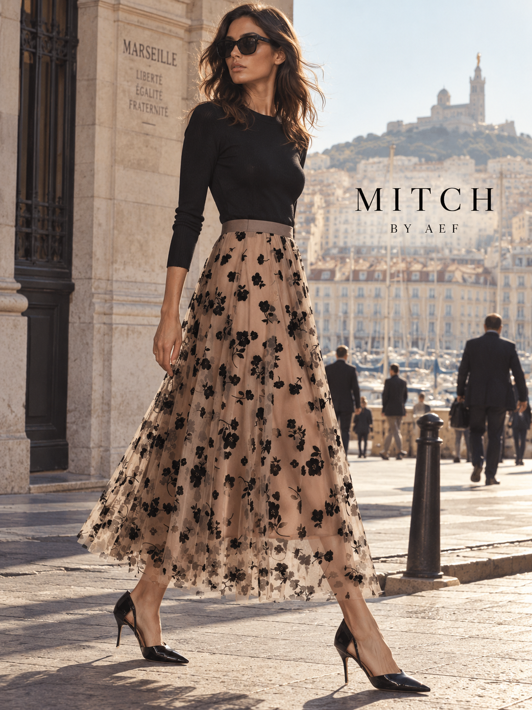 Jupe midi évasée en tulle floral femme beige rosé - MITCH by AEF, mode Paris