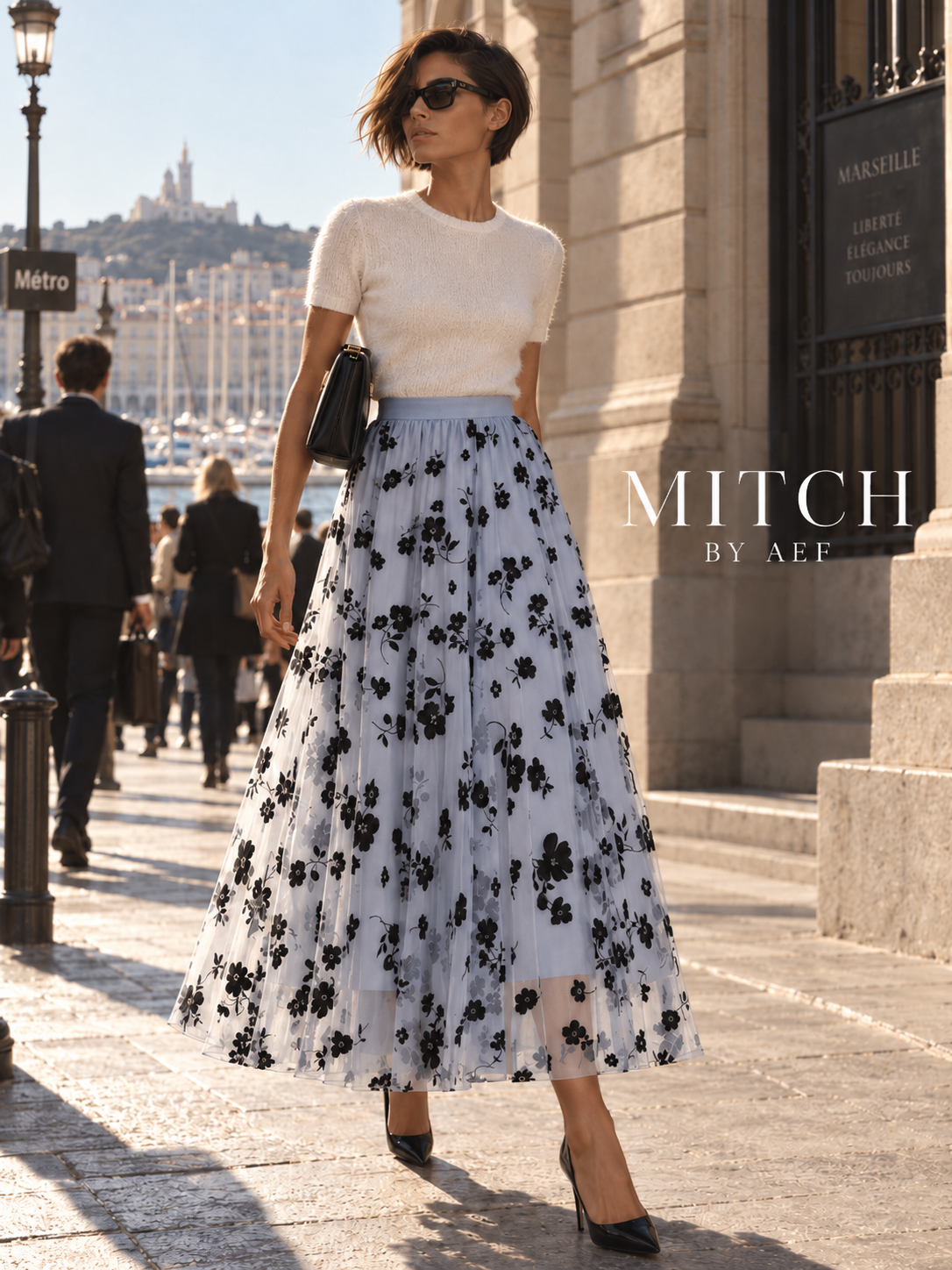 Jupe midi évasée en tulle floral femme bleu-gris - MITCH by AEF, mode Paris