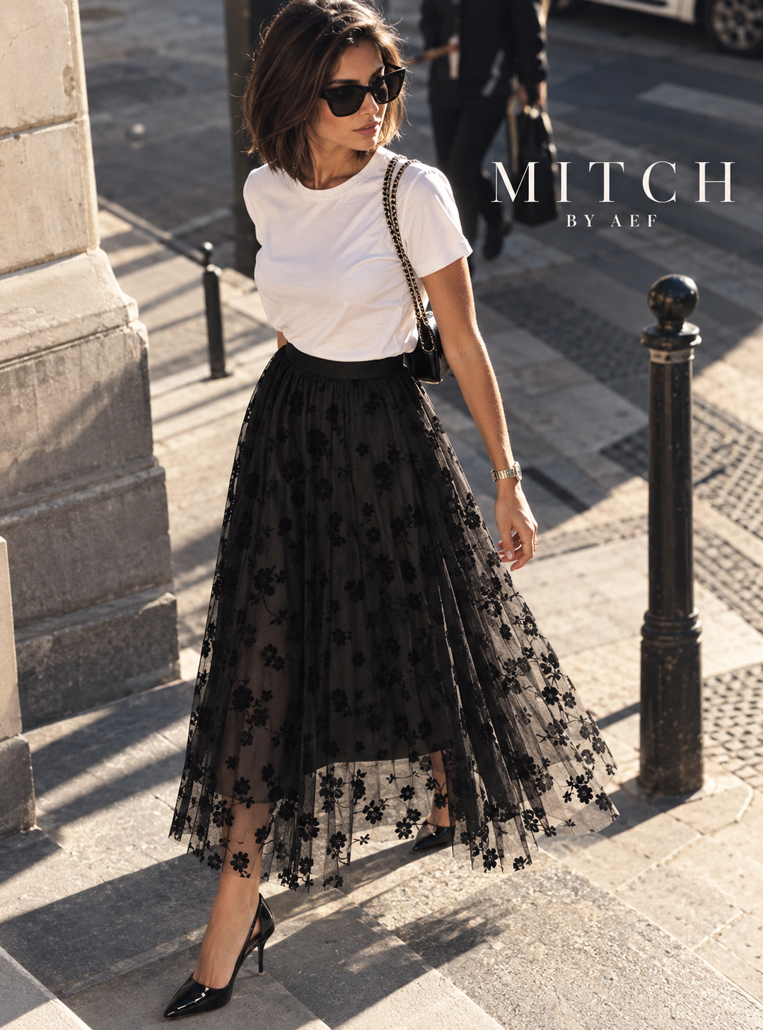 Jupe midi évasée en tulle floral femme noir - MITCH by AEF, mode Paris