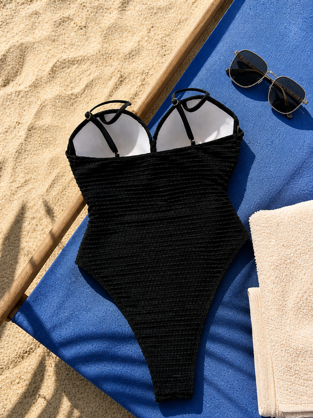 Maillot une pièce côtelé noir posé à plat sur serviette de plage bleue avec lunettes de soleil