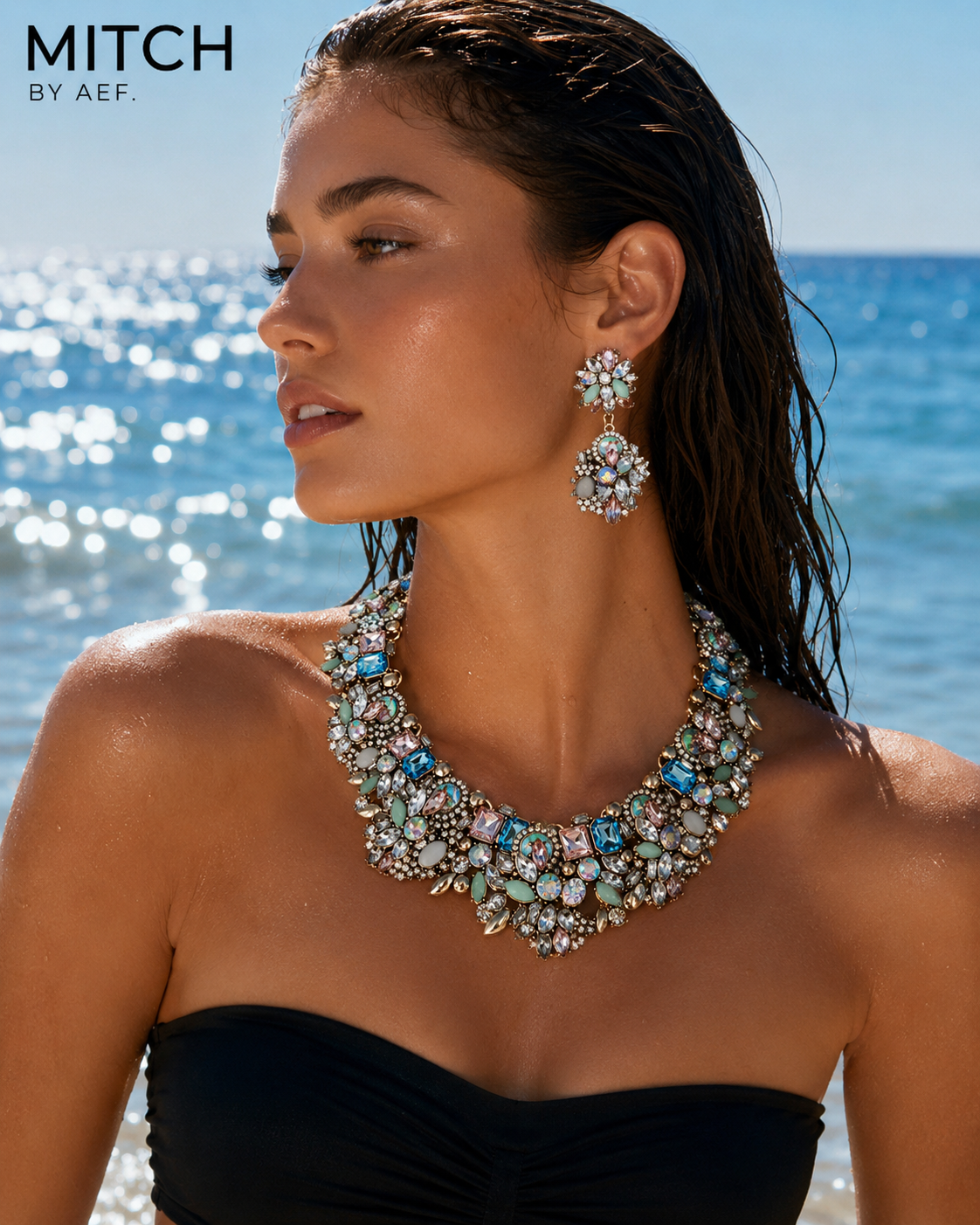 Parure collier cristal bleu turquoise et boucles d'oreilles statement — MITCH By AEF Été 2026