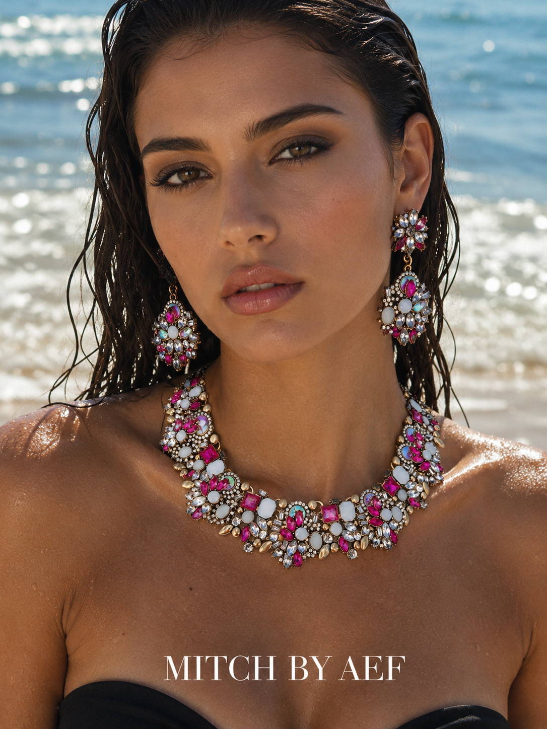 Parure collier cristal fuchsia et blanc nacré avec grandes boucles d'oreilles statement femme — MITCH By AEF Été 2026