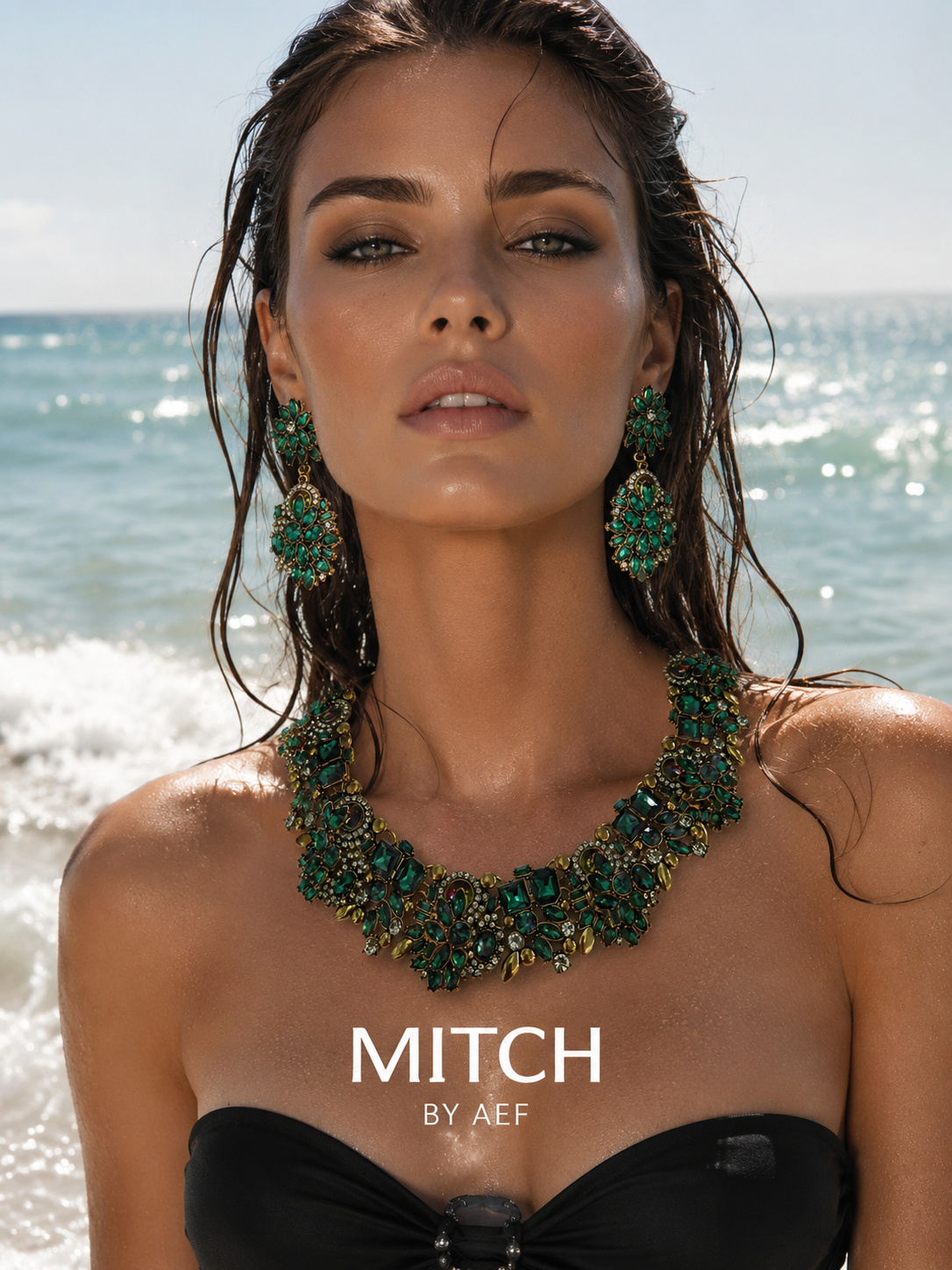 Parure collier statement cristal vert émeraude et boucles d'oreilles pendantes — MITCH By AEF Été 2026