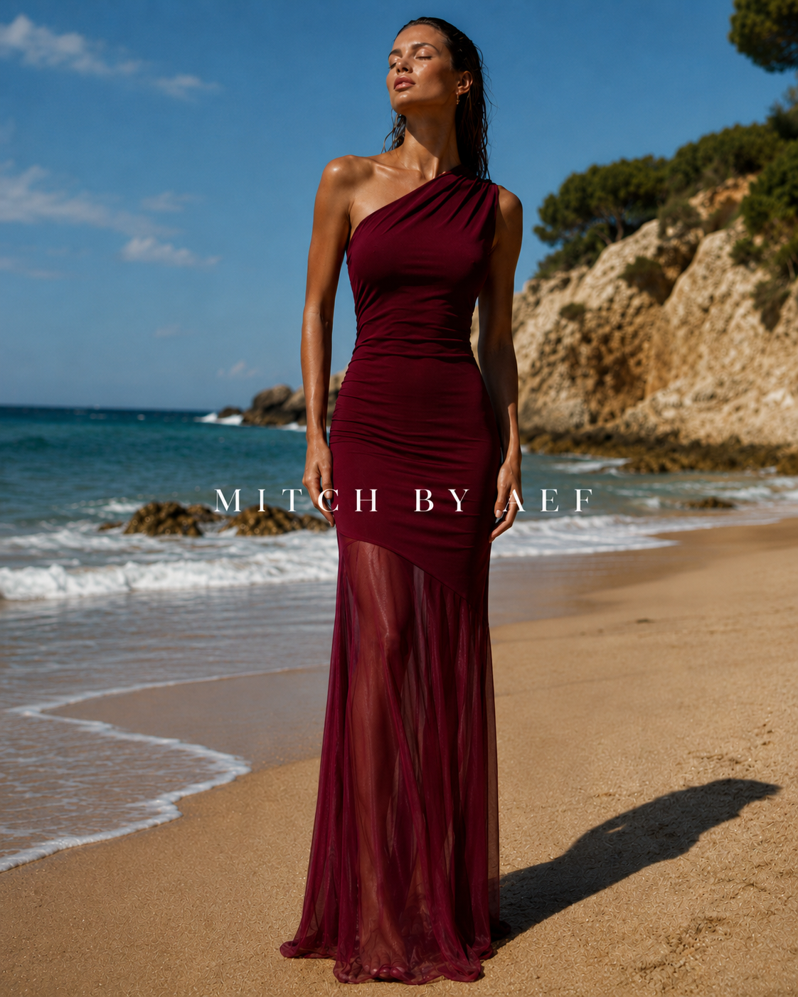 Robe longue épaule dénudée effet sheer Rouge Bordeaux — MITCH By AEF