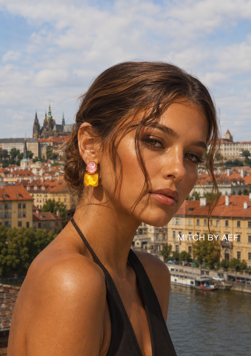 Boucles d'oreilles asymétriques pierre jaune et rose effet marbré CYCLADES MITCH By AEF #AMORGOS
