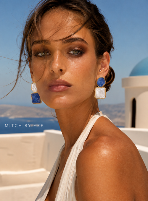 Boucles d'oreilles asymétriques pierre bleue effet marbré, CYCLADES MITCH By AEF #GRACE