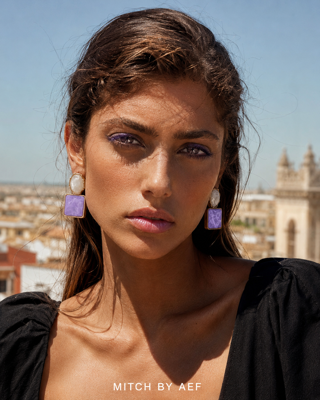 Boucles d'oreilles asymétriques pierre violette effet marbré CYCLADES MITCH By AEF #PAROS