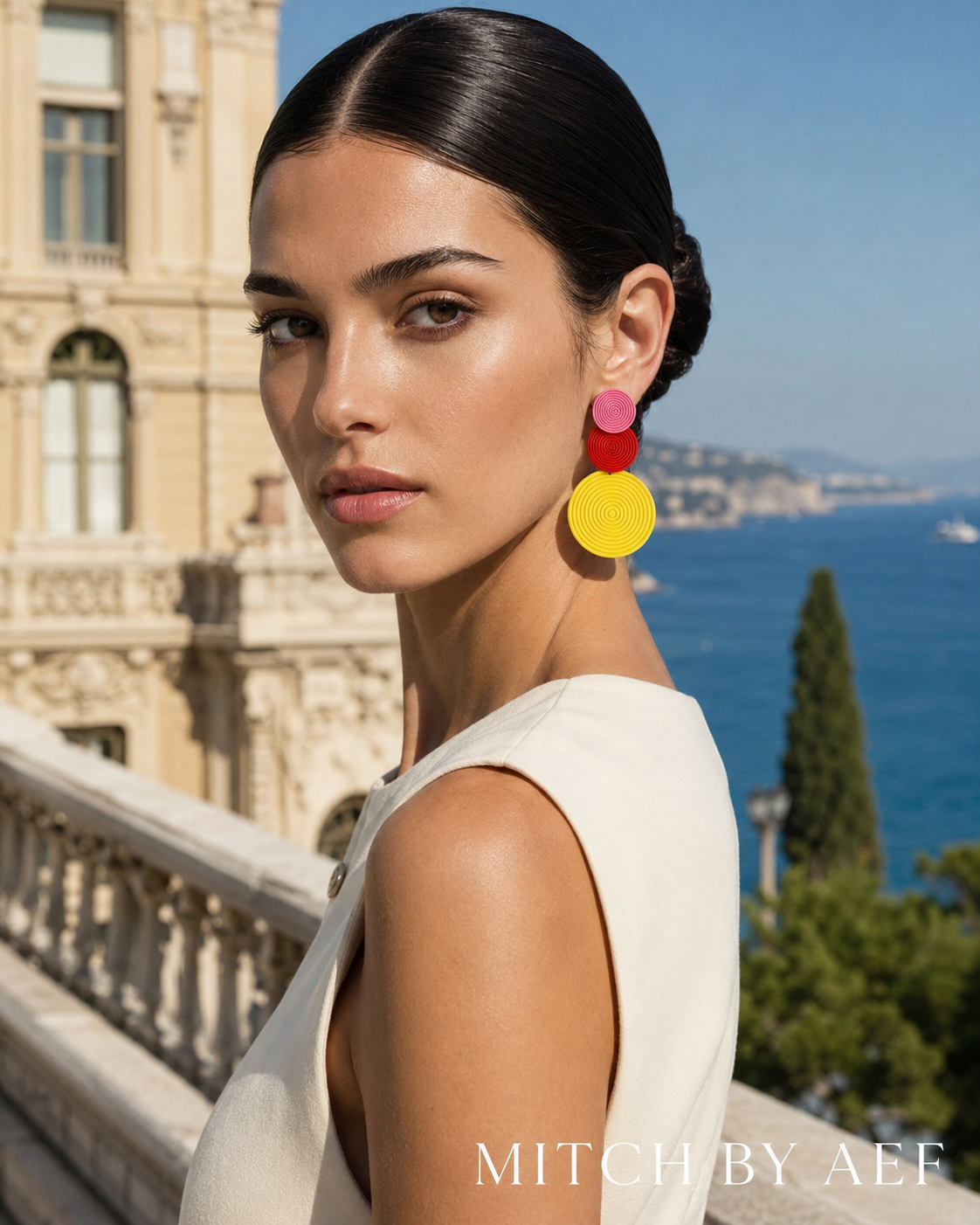 Boucles d’oreilles ORBIS rose, rouge et jaune à disques graphiques portées par une femme