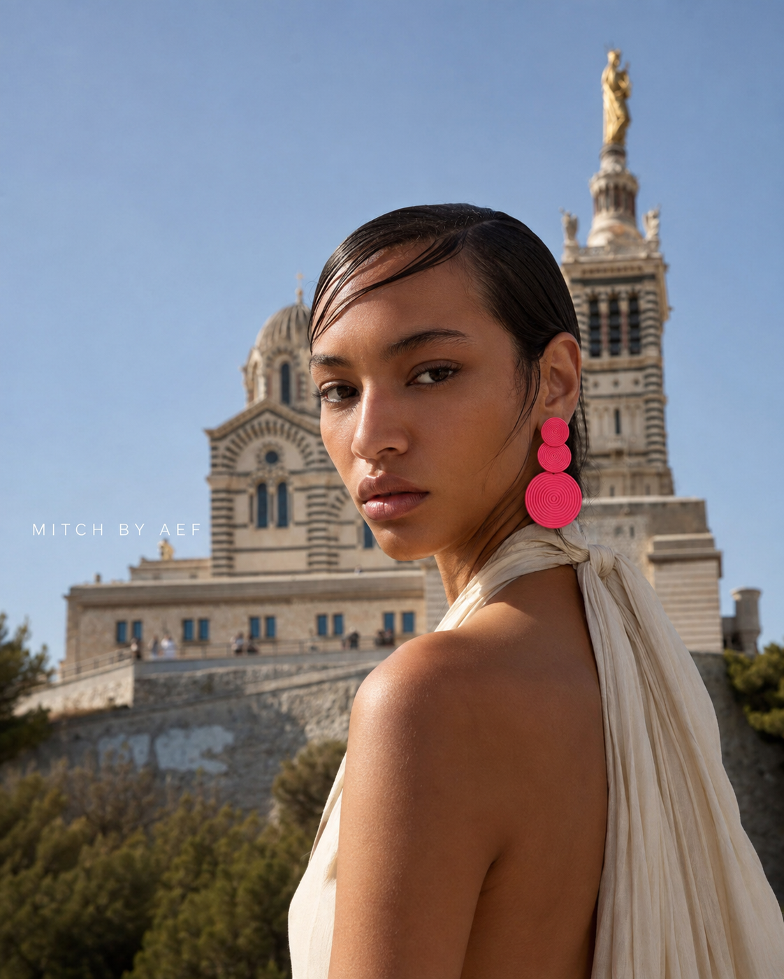 Boucles d’oreilles ORBIS Rose Crush, grandes boucles graphiques roses portées par une femme à Marseille