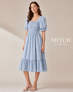 Robe femme mousseline imprimée Brume Bleue bleu ciel fleuri manches papillon été | MITCH par AEF