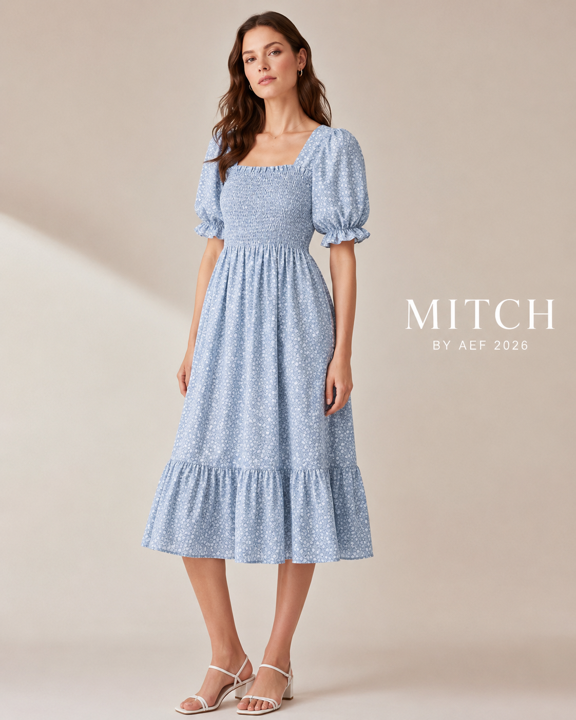 Robe femme mousseline imprimée Brume Bleue bleu ciel fleuri manches papillon été | MITCH par AEF