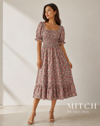 Robe femme mousseline imprimée Jardin Corail fleurs roses fond crème manches papillon été | MITCH par AEF