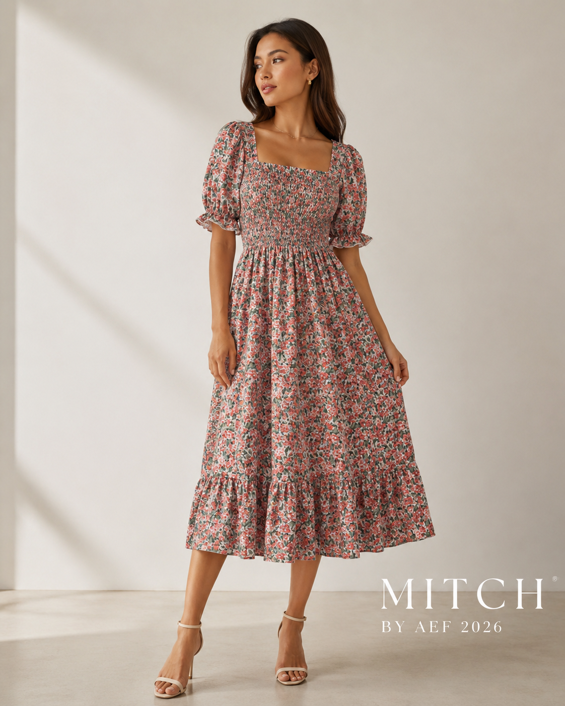 Robe femme mousseline imprimée Jardin Corail fleurs roses fond crème manches papillon été | MITCH par AEF