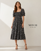 Robe femme mousseline imprimée Minuit Fleuri noir petites fleurs blanches manches papillon été | MITCH par AEF