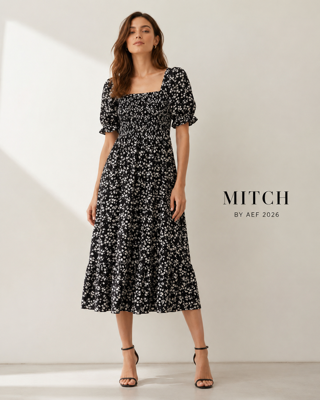 Robe femme mousseline imprimée Minuit Fleuri noir petites fleurs blanches manches papillon été | MITCH par AEF
