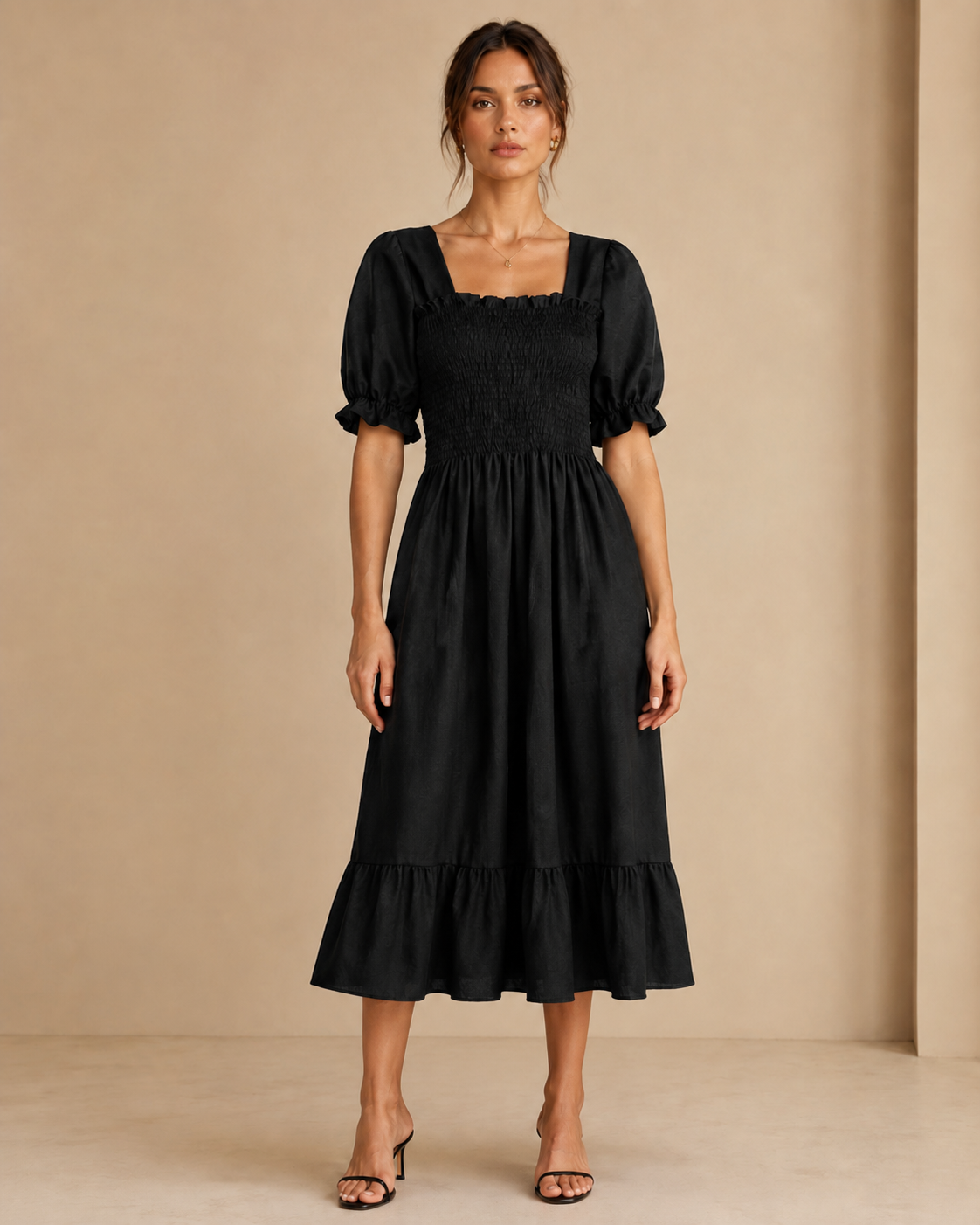 Robe femme mousseline Minuit noir uni manches papillon taille élastique longueur midi été | MITCH par AEF