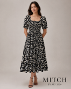 Robe femme mousseline imprimée Nuit de Marguerites noir marguerites blanches manches papillon été | MITCH par AEF