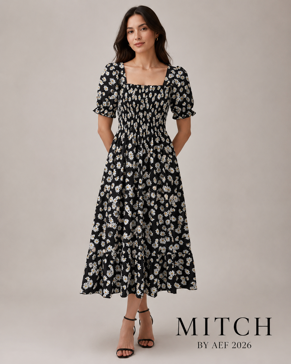 Robe femme mousseline imprimée Nuit de Marguerites noir marguerites blanches manches papillon été | MITCH par AEF