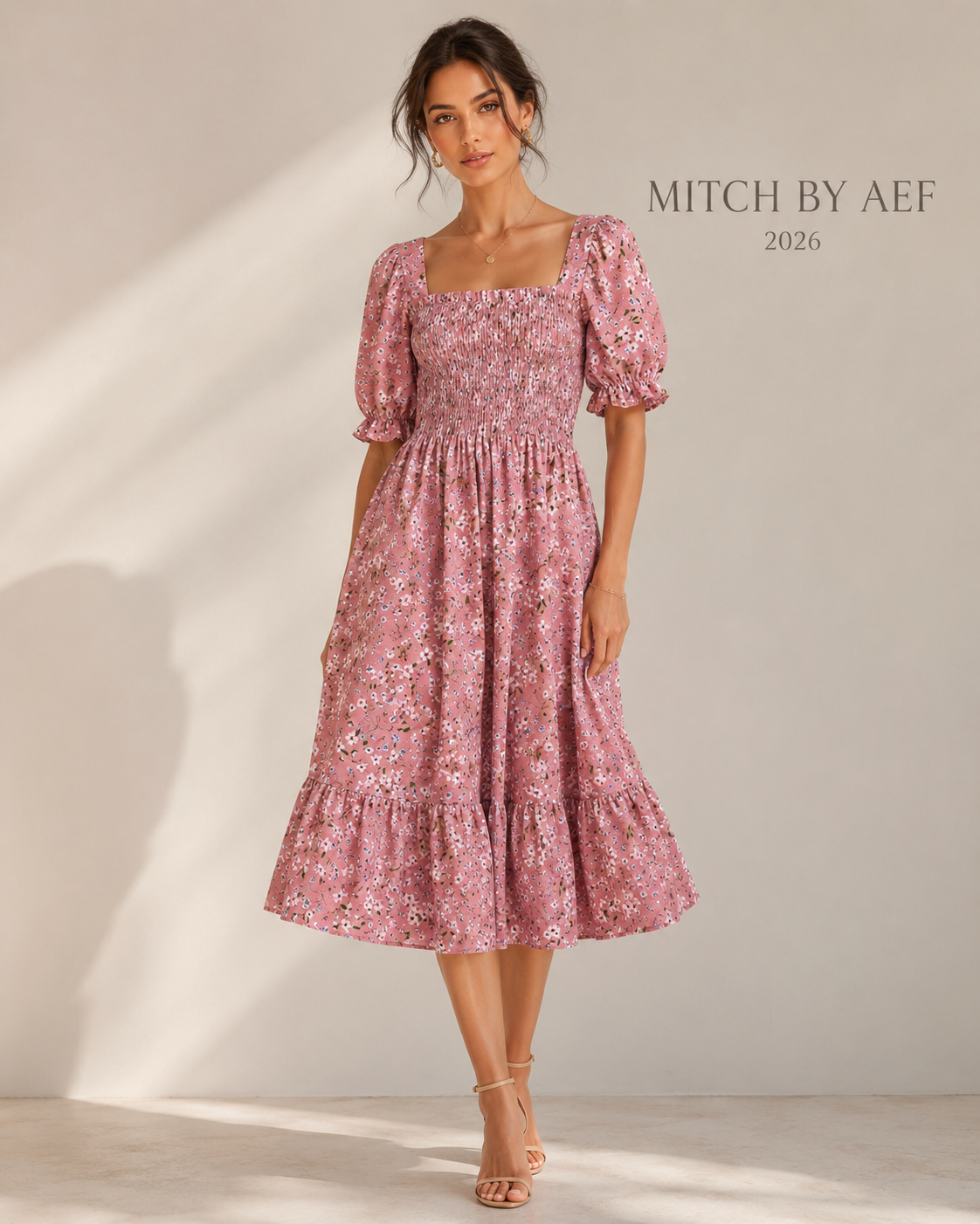 Robe femme mousseline imprimée Rose Jardin rose ancien fleuri manches papillon été | MITCH par AEF