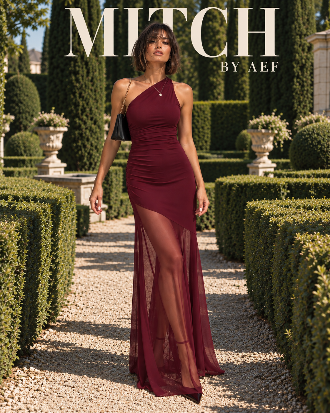 Robe longue bordeaux asymétrique femme en tulle transparent, robe de soirée élégante pour mariage automne hiver MITCH BY AEF