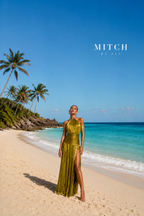 Robe longue col halter plissée or olive métallisé fente latérale dos nu soirée femme | MITCH par AEF