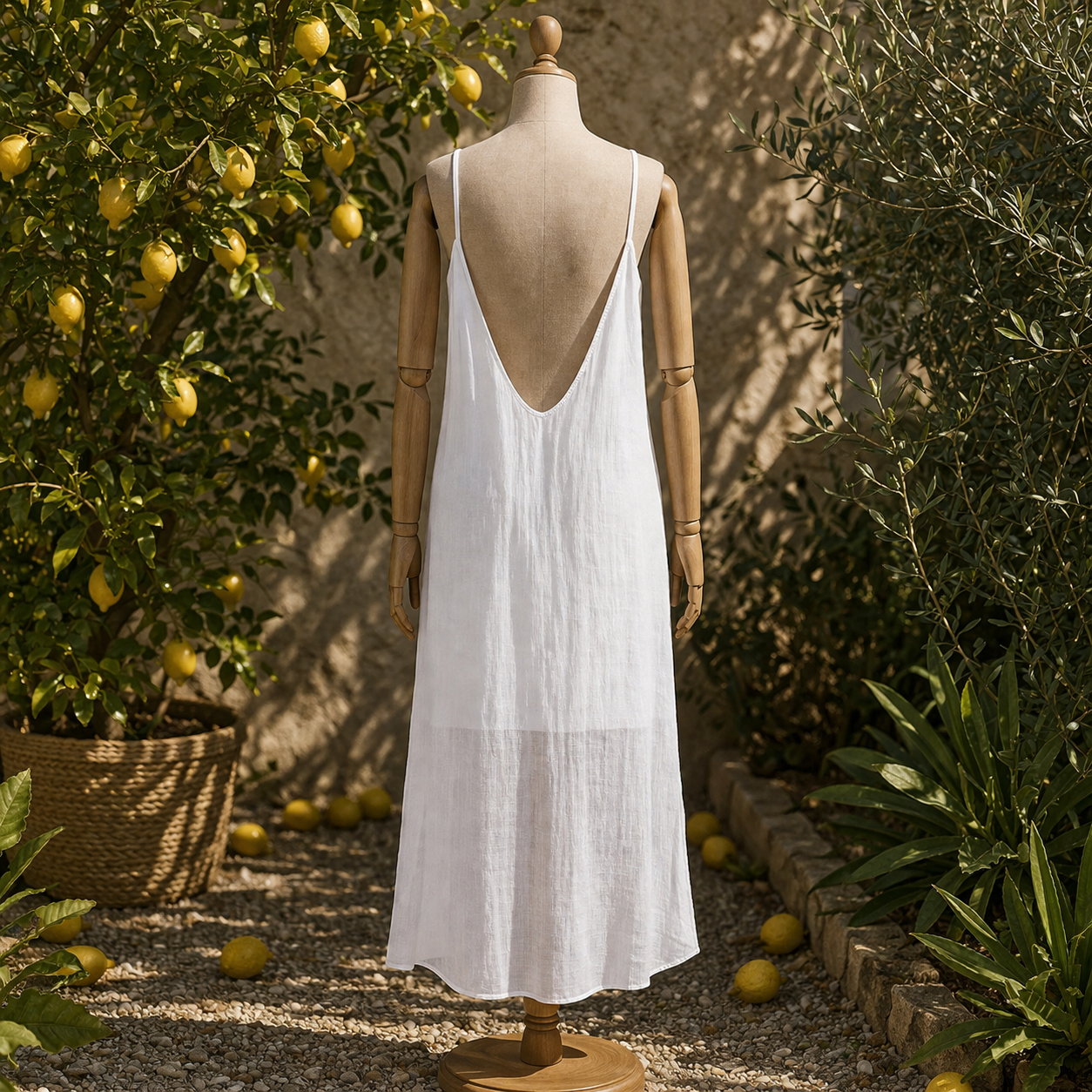 Robe longue blanche dos nu bretelles spaghetti sur mannequin bois, jardin méditerranéen citronnier et oliviers, zone transparente bas de robe visible, lumière naturelle chaude