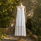 Robe longue blanche fluide col U bretelles fines sur mannequin bois, 
vue de face jardin citronnier galets, doublure courte et transparence bas de robe, lumière soleil naturelle
