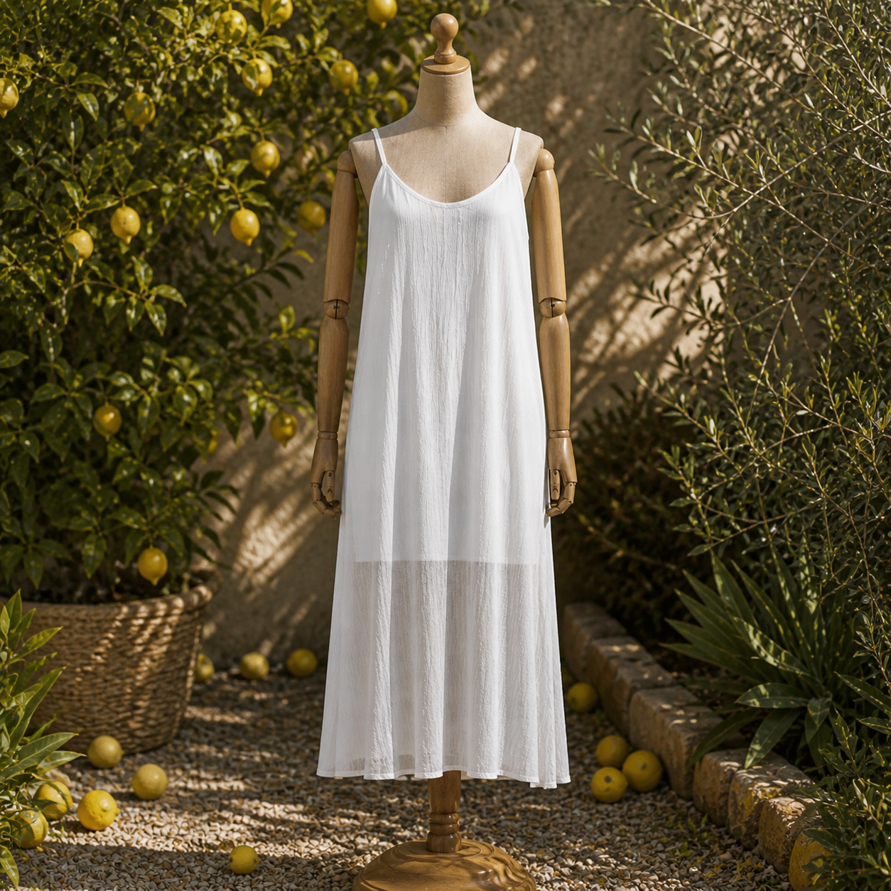 Robe longue blanche fluide col U bretelles fines sur mannequin bois, 
vue de face jardin citronnier galets, doublure courte et transparence bas de robe, lumière soleil naturelle