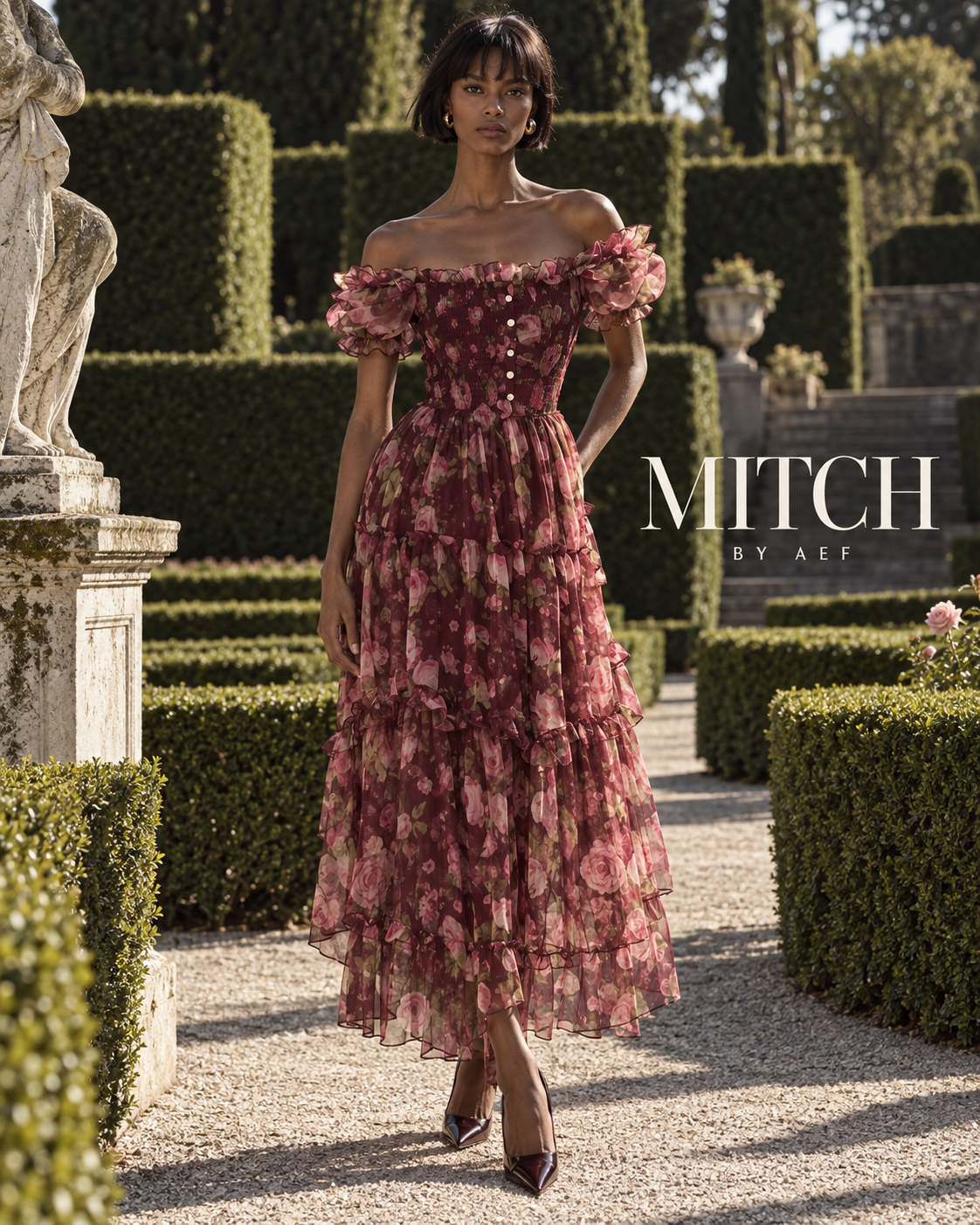 Robe longue fleurie bordeaux pour femme à épaules dénudées, robe élégante de cérémonie et invitée de mariage printemps été MITCH BY AEF