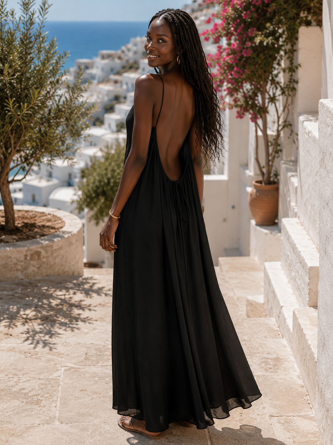 Robe longue maxi dos nu bretelles femme noir absolu ample fluide soirée été 2026 MITCH par AEF