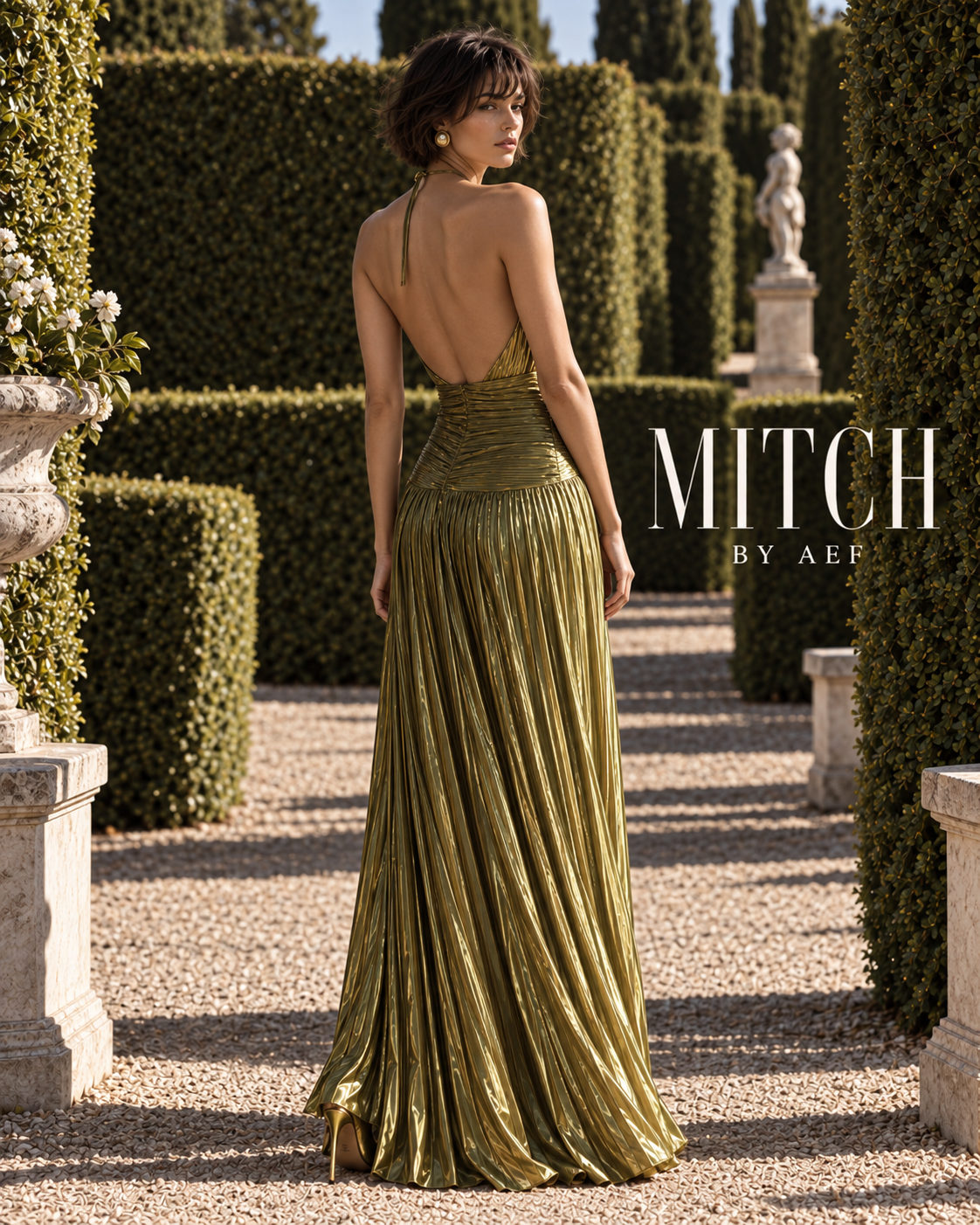 Robe longue plissée vert olive métallique dos nu pour femme, robe élégante de soirée et cérémonie printemps été MITCH BY AEF