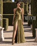 Robe longue plissée vert olive métallique pour femme, robe de soirée élégante avec fente pour mariage et cérémonie printemps été MITCH BY AEF