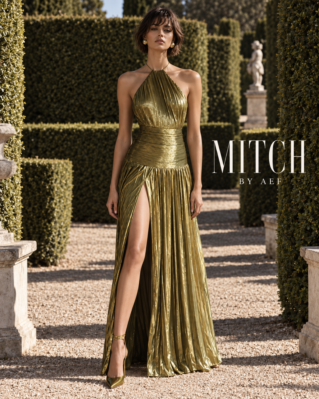 AURÉLIA - Metallic Pleated Halter Maxi Dress with Open Back & Slit