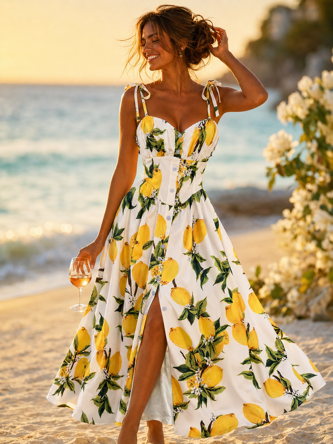 Robe midi bustier imprimé citron bretelles nouées dos nu fente avant — MITCH par AEF été 2026