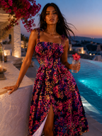Robe midi bustier smocké imprimé floral rouge bretelles spaghetti nouées fente avant — MITCH par AEF été 2026