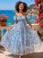 Robe longue tulle bleu ciel smockée manches bouffantes imprimé roses volants étagés été femme — MITCH par AEF 2026