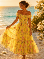 Robe longue tulle jaune smockée manches bouffantes imprimé roses volants étagés plage été femme — MITCH par AEF 2026