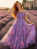 Robe longue tulle lavande smockée manches bouffantes imprimé roses volants étagés bardot femme — MITCH par AEF 2026