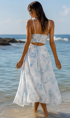 Dos smocké élastique robe florale bleue bretelles réglables découpe taille plage